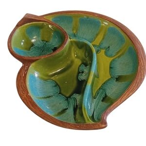 California Pottery VTG 602 USA Sequoia Ware Blue Green, Chips & Dip Divided Dish
